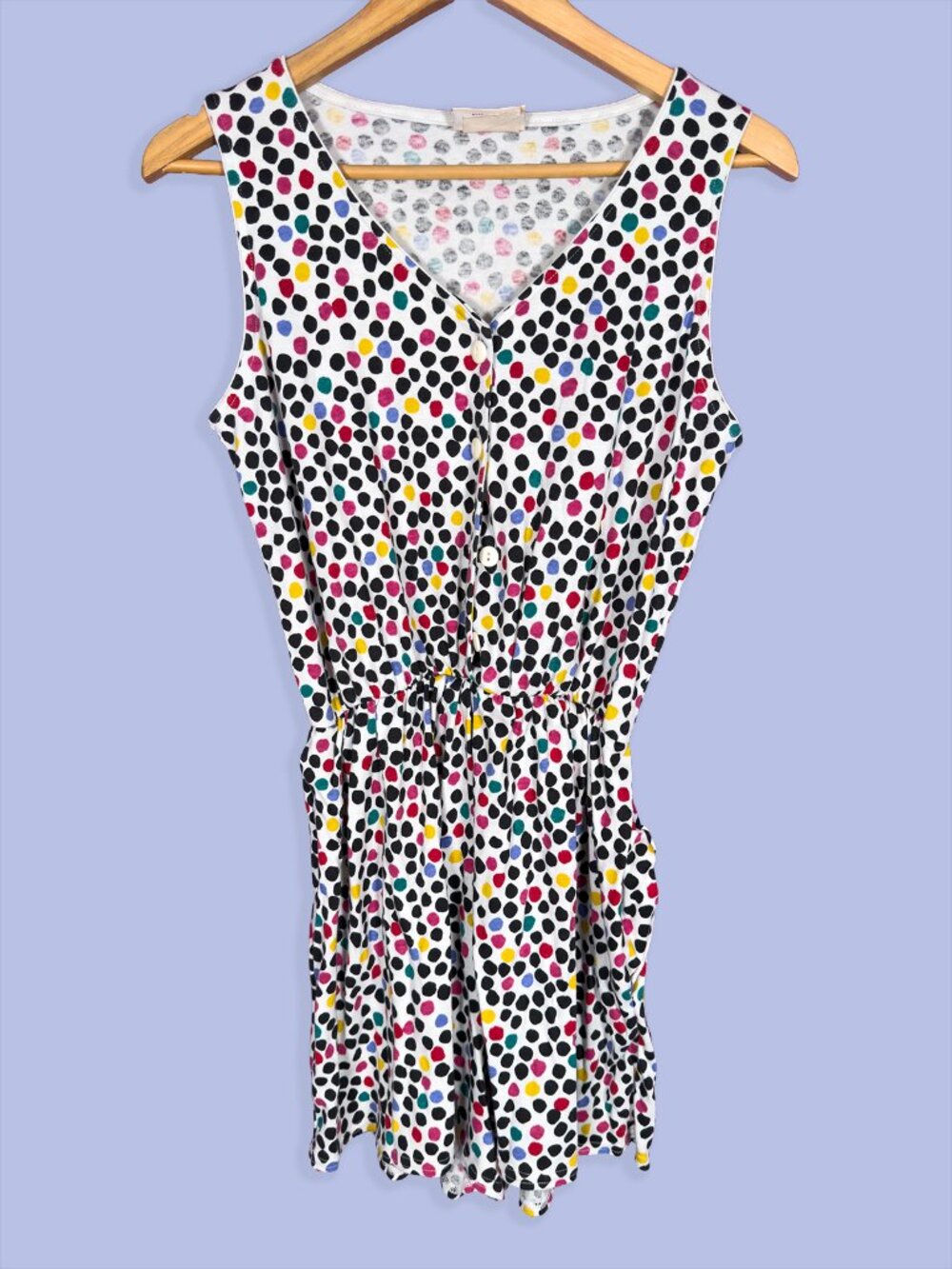 Polka Dot Sleeveless Romper White Multicolor Button Front Retro 90s